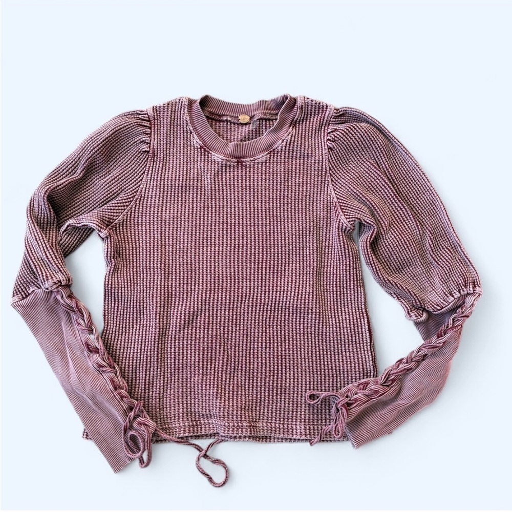 FREE PEOPLE waffle knit puff sleeve textured boho chic cotton top
